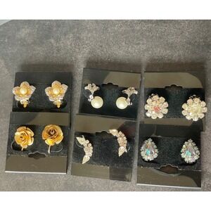 Vintage Clip On Earring Lot 6 Pairs Rhinestone Aurora Borealis Pearl Rose Gold
